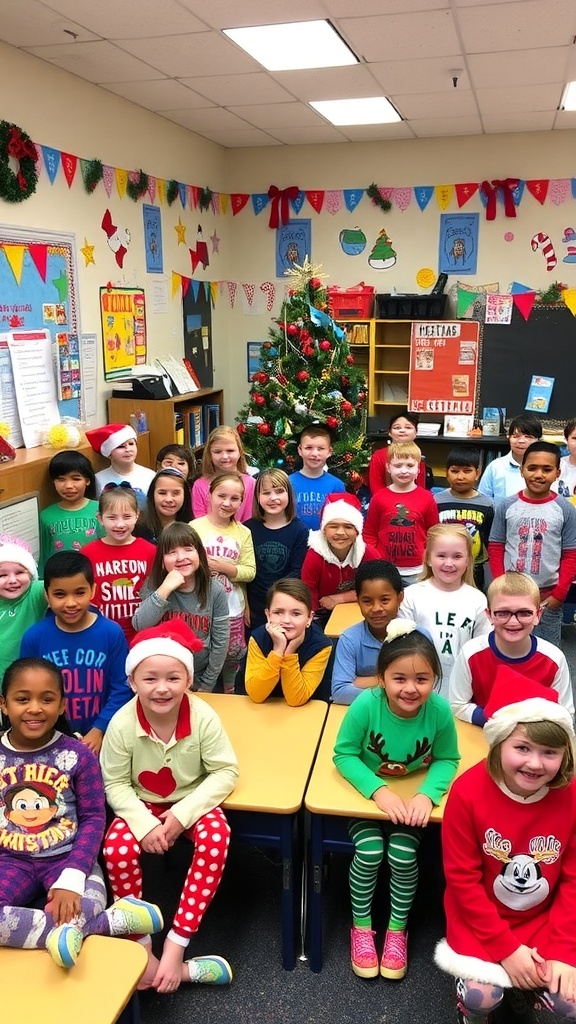 Students in festive outfits celebrating Christmas dress-up days in a decorated classroom.